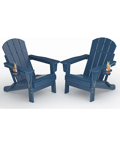 gaomon Folding Adirondack Chair Set of 2, All-Weather Hdpe Outdoor Chair, Wooden Textured with Cup Holder for patios, Decks, Gardens, fire pits