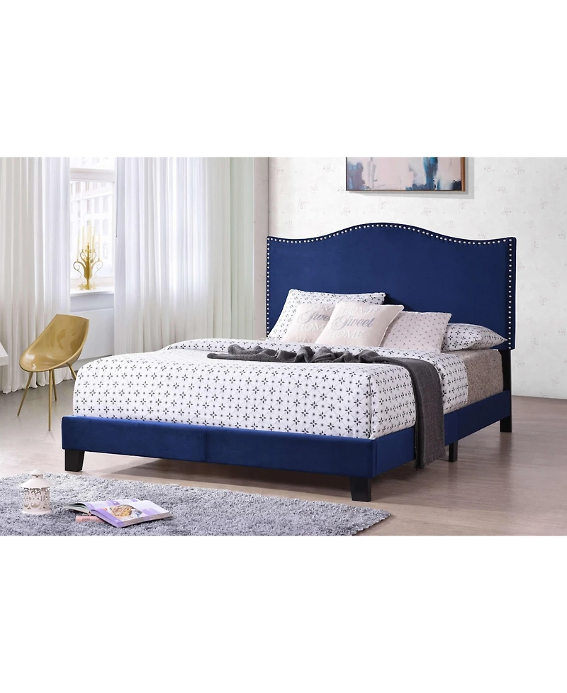 Kings Brand Furniture Transitional Upholstered Bed Velvet with Nailhead Trim Espresso Wood Legs