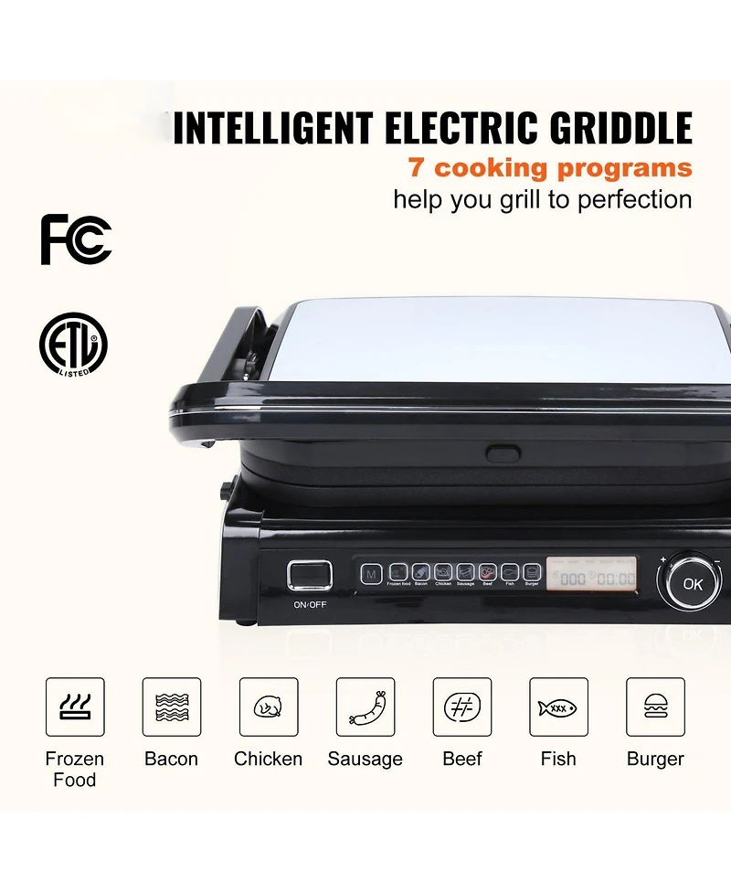 Ecooso 14.4 Inch 7-in-1 Commercial Electric Griddle, 1800W Countertop Grill with Adjustable Temperature Control