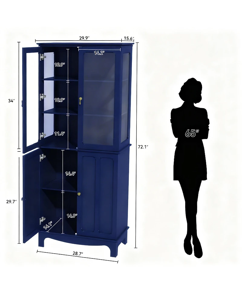 Yigii 72" Freestanding Kitchen Pantry Cabinet Glass Door Adjustable Shelves