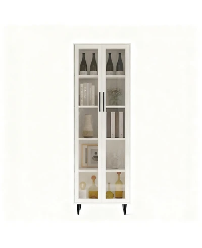 Yigii 71" Glass Door Bookshelf 5-Tier Display Cabinet Narrow Storage