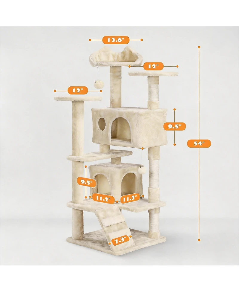 Aronkl Multi-level Cat Tree Tower with Cat-ear Perch 2 Caves Sisal Posts Climbing Ladder Replaceable Balls Pet Activity Center