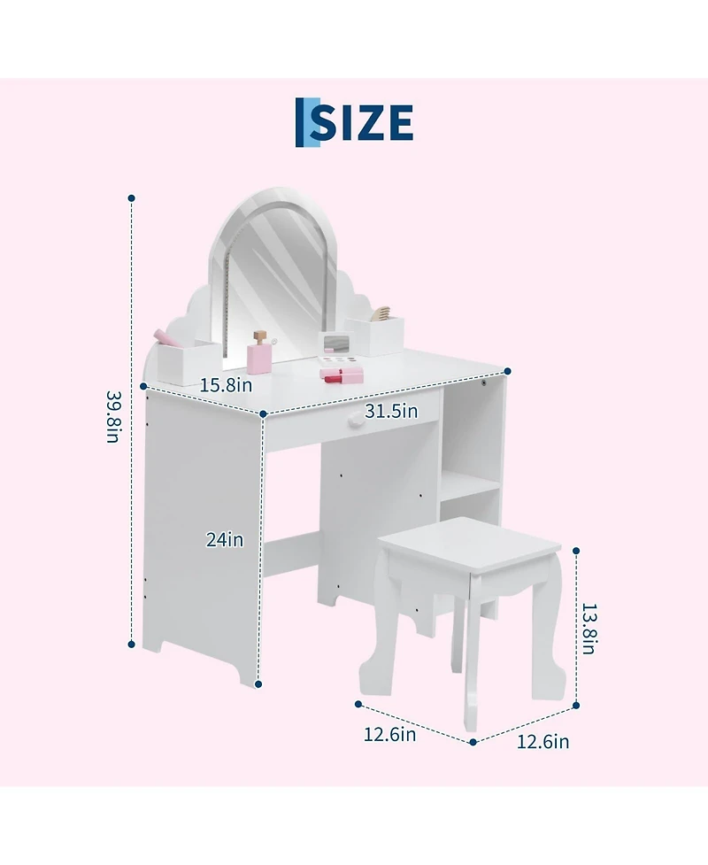 gaomon Kids Vanity Set with Adjustable Lighted Mirror, Stool, Drawer and Shelves
