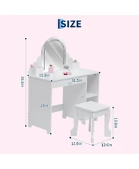 gaomon Kids Vanity Set with Adjustable Lighted Mirror, Stool, Drawer and Shelves