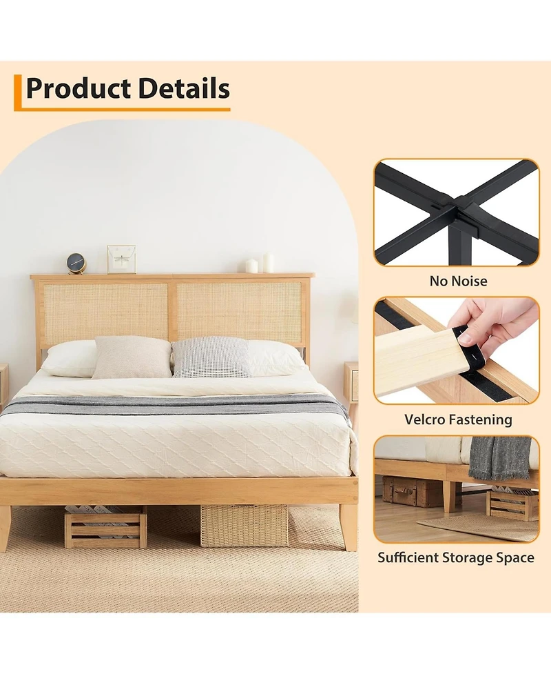 gaomon Full Bed Frame With Rattan Headboard and Led Lights Boho Platform Strong Wood Slats Noise Free No Box Spring