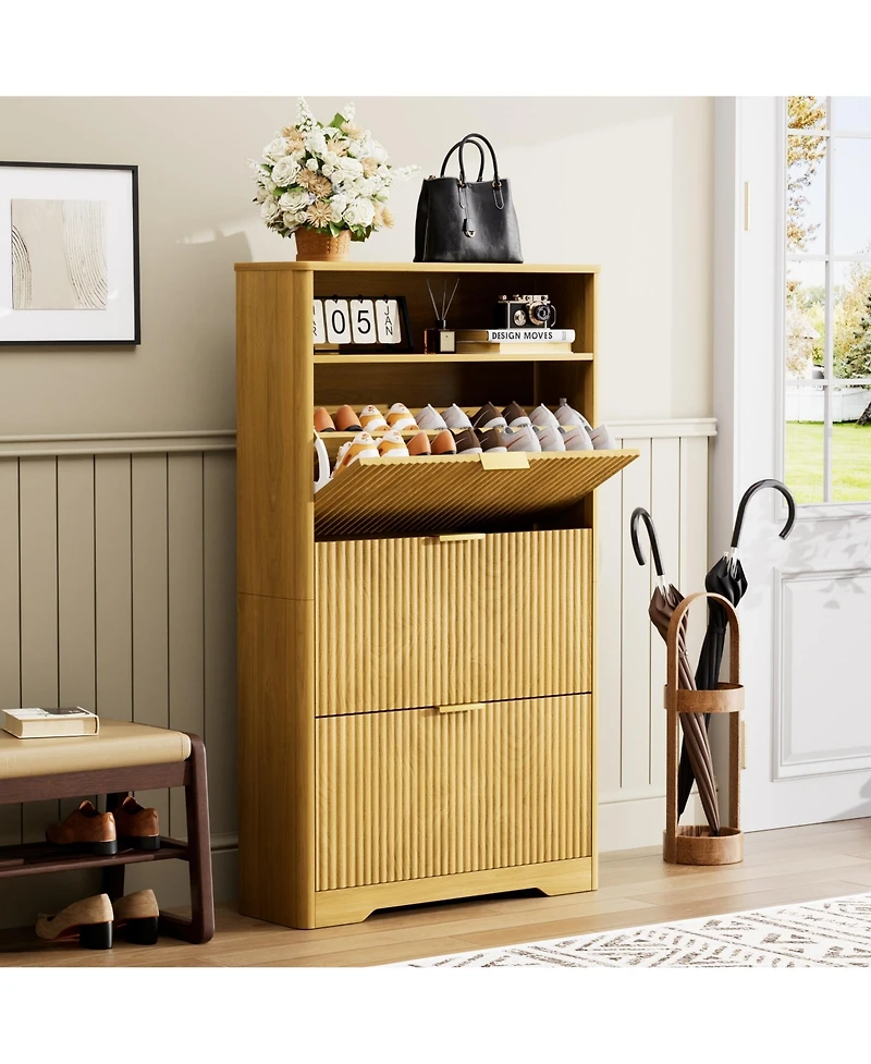 Clihome Shoe Cabinet Storage with 3 Flip Drawers, Tall Free Standing Shoe Organizer Rack