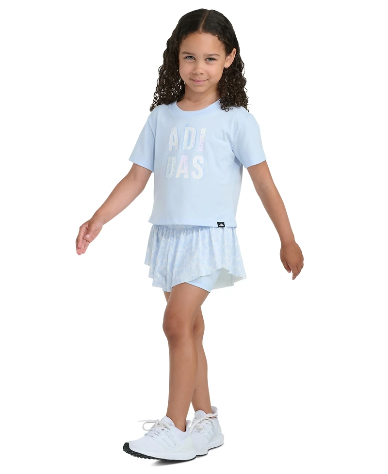 adidas Girls' 2T-6X Short-Sleeve Graphic T-Shirt and Printed Flowy Shorts, 2-Piece Set