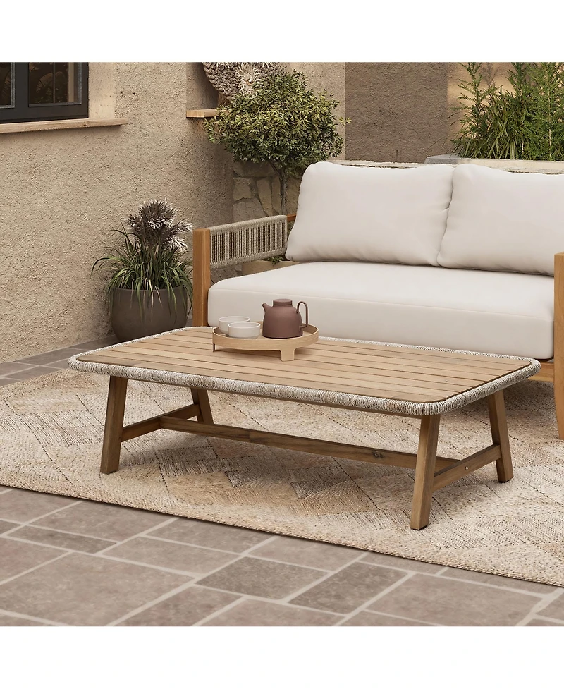 LuxenHome 47" Outdoor Coffee Table for Patio, Acacia Wood Patio Table with Woven Trim, Rectangular Outdoor Table for Patio, Balcony, and Porch