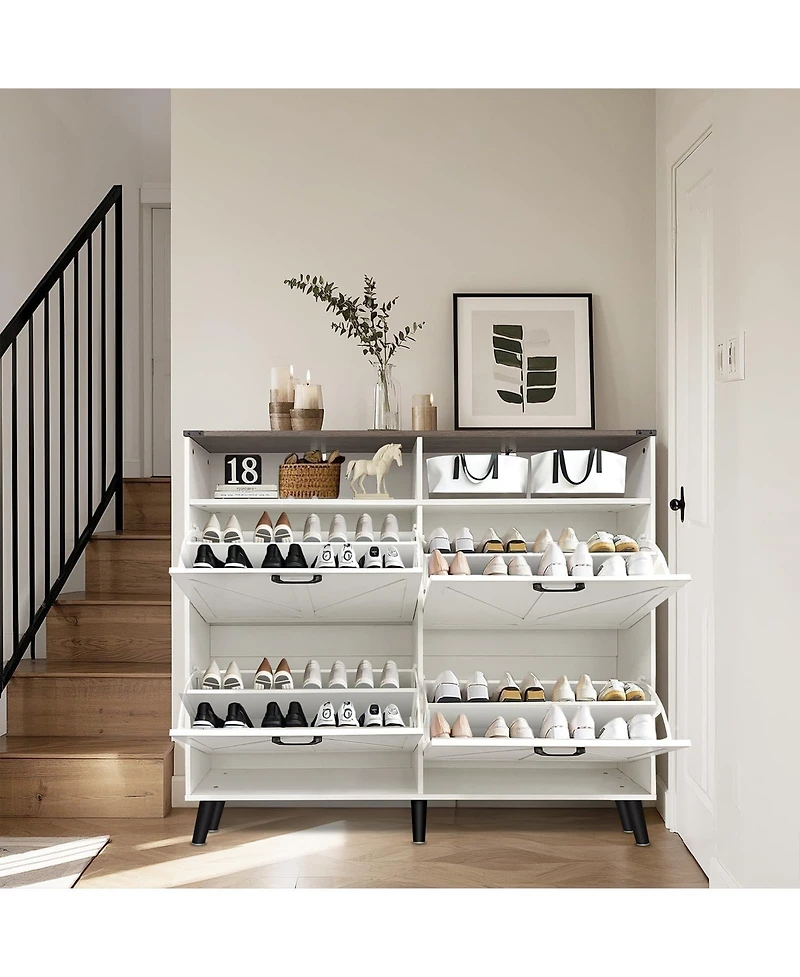 Homfan Shoe Cabinet with 4 Flip Drawers & Barn Door, Freestanding Hidden Slim Narrow Shoe Storage Organizer with Open Shelves, for Entryway, Foyer