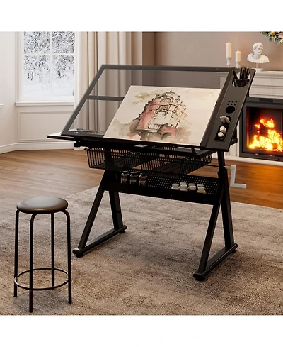 Streamdale Furniture Adjustable Tempered Glass Drafting Table with Chair & Storage