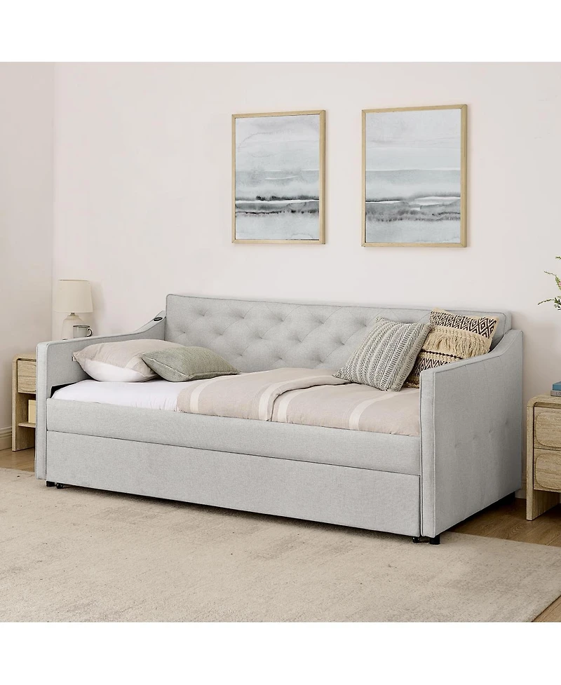Streamdale Furniture Twin Upholstery DayBed with Pop-up Trundle & Usb Charging