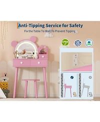 gaomon Kids Wooden Vanity Table and Chair Set with Touch Control Lighted Mirror and Drawers