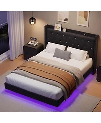 gaomon Floating Bed Frame with Led Lights, Velvet Upholstered Platform, Storage Headboard