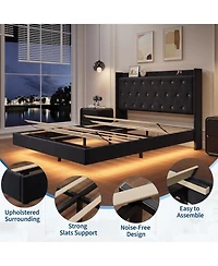 gaomon Floating Bed Frame with Led Lights, Velvet Upholstered Platform, Storage Headboard