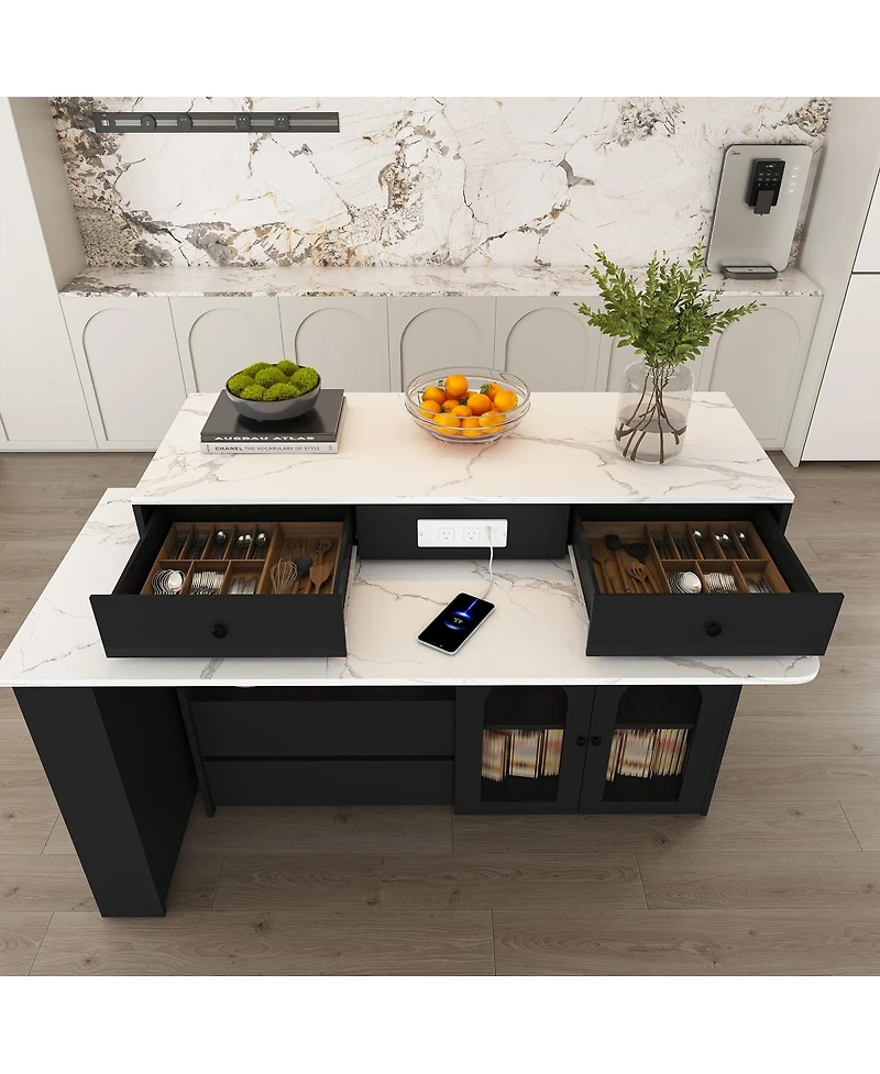 Streamdale Furniture Kitchen Island with Extendable Rotating Table, Marble Veneer, 4 Drawers & Cabinets