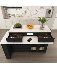Streamdale Furniture Kitchen Island with Extendable Rotating Table, Marble Veneer, 4 Drawers & Cabinets