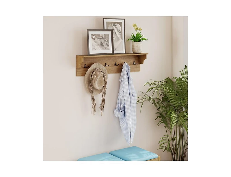 Slickblue Wood Coat Rack 31.5" with Shelf and 6 Hooks for Entryway
