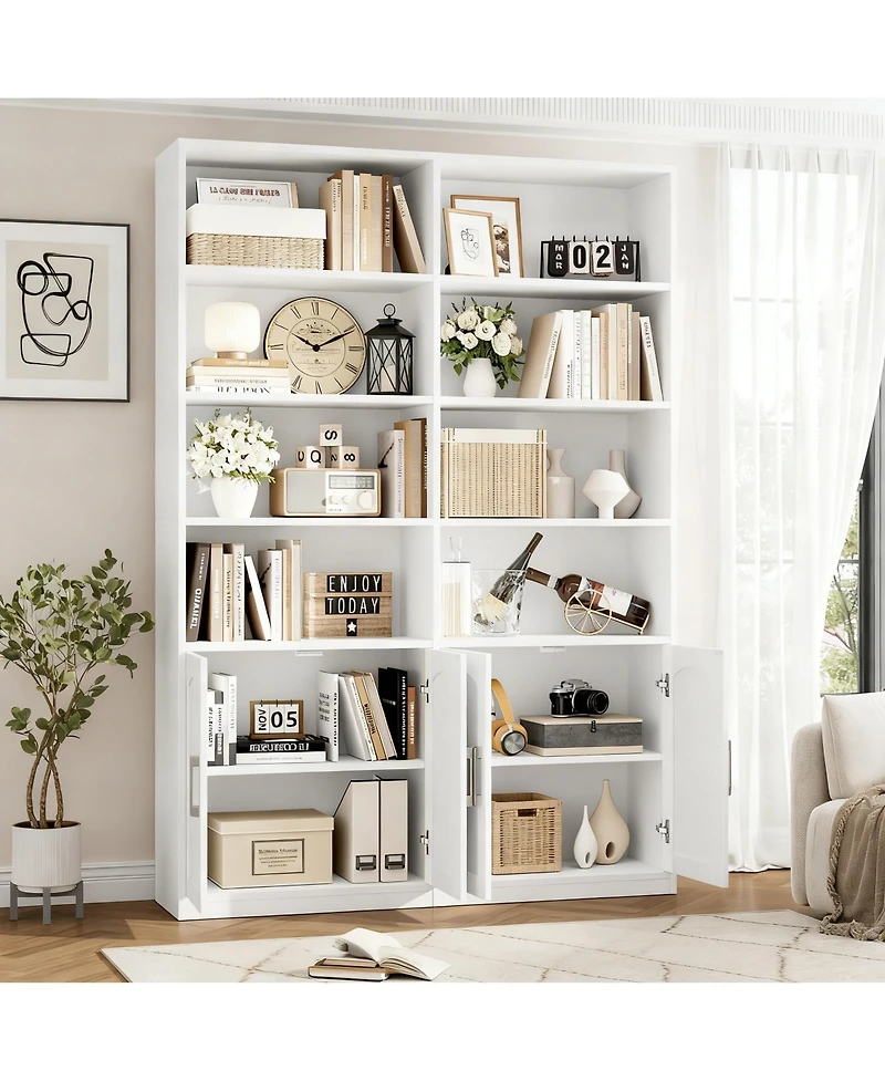 Yigii Bookshelf with Doors 6 Tier Double Wide Tall Storage Cabinet Open Display Shelves