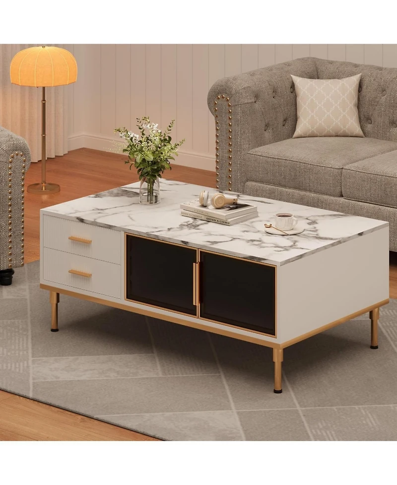 gaomon Minimalist Coffee Table with Faux Marble Top, Glass Doors and Metal Frame