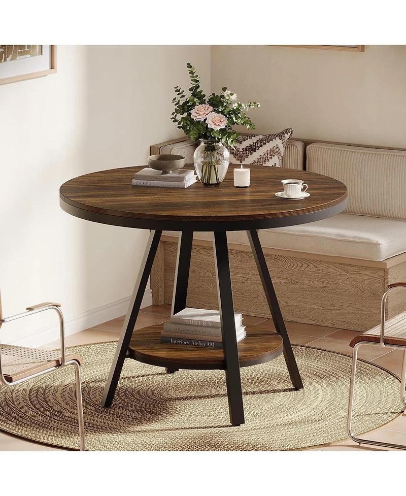 Tribesigns 2-Tier Industrial Round Dining Table, Small Kitchen Dinner Table for 2-4 People, 35-Inch Circle Wood Kitchen Table