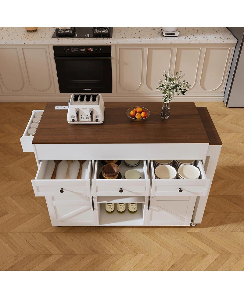 Streamdale Furniture 74.8" White Kitchen Island with Extendable Table, Power Outlet & Storage