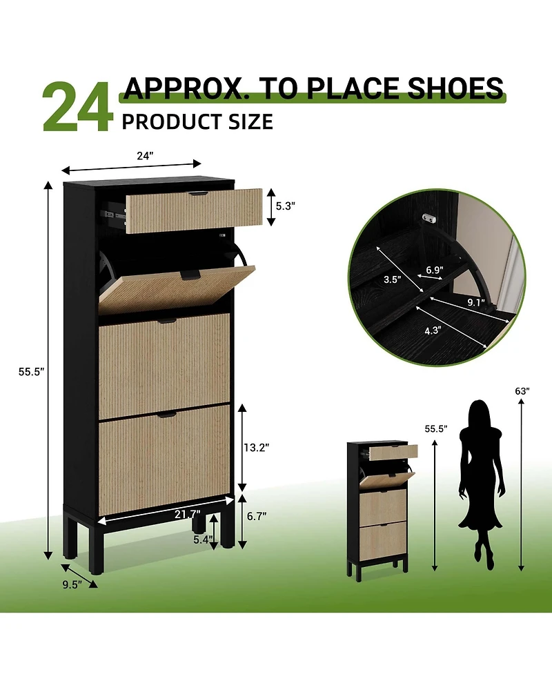 Homfan Shoe Storage Cabinet for Entryway with 3 Flip Drawers, Modern Rack Metal Legs, Freestanding Narrow Slim Organizer
