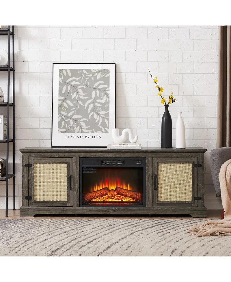 Streamdale Furniture Rattan Tv Stand with Fireplace