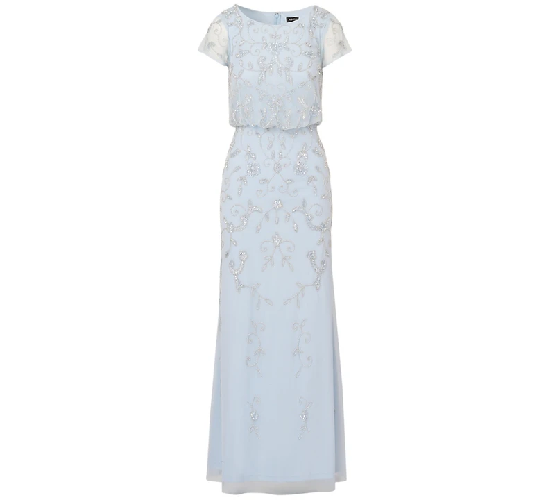 Adrianna Papell Women's Boat-Neck Short-Sleeve Beaded Blouson Gown