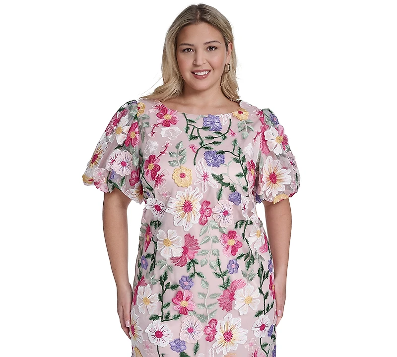 Eliza J Plus Boat Neck Floral Embroidered Mesh Dress