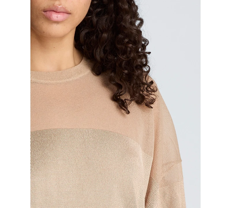 Kenneth Cole Women's Shiny Semi-Sheer Stripe Crewneck Top