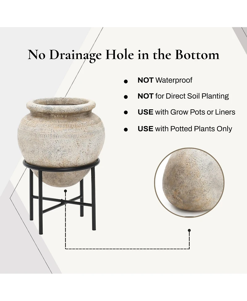 LuxenHome 21" Tall MgO Planter with Metal Stand, Rustic Pot for Indoor or Outdoor Use