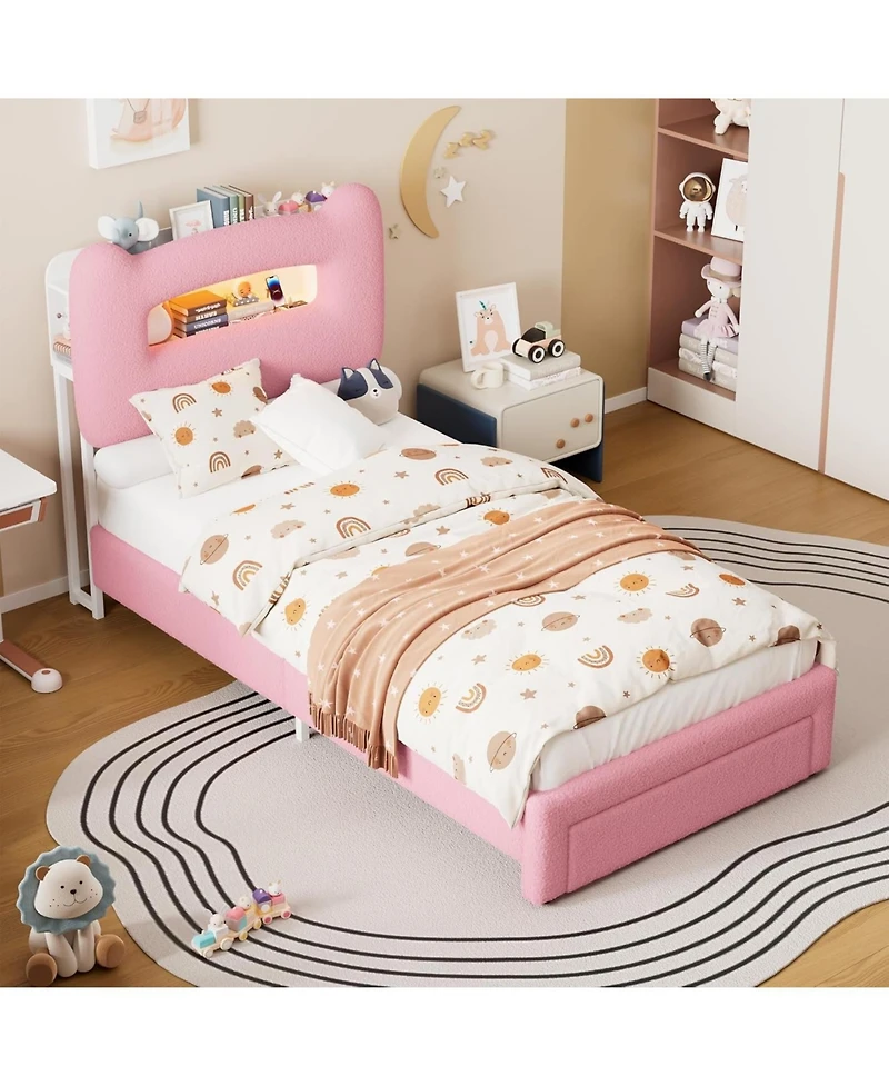 gaomon Led Bed Frame 2-Tier Storage Headboard Upholstered Platform Charging Station Drawer Heavy-Duty Wood Slats No Box Spring