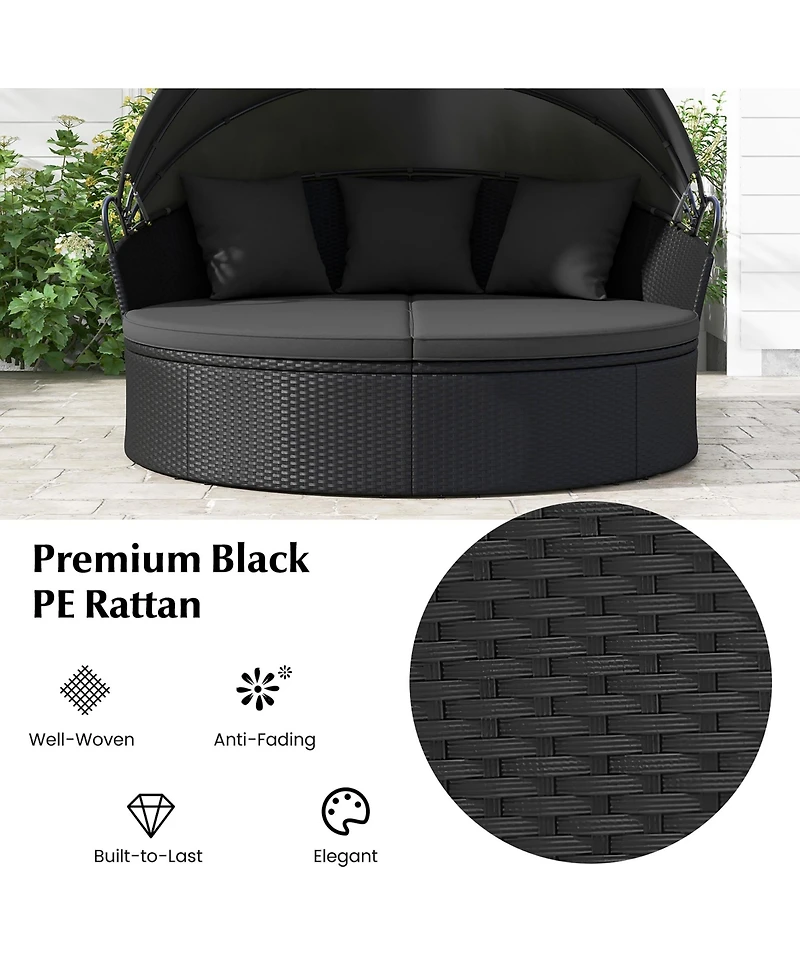 Gymax Patio Round Daybed Wicker Daybed w/ Retractable Canopy Separated Seating Sectional Sofa