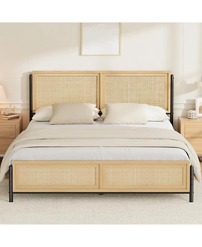 gaomon Bed Frame with Rattan Headboard & Footboard, Boho Wooden Platform Bed, No Box Spring Needed, Noise-Free, Easy Assembly