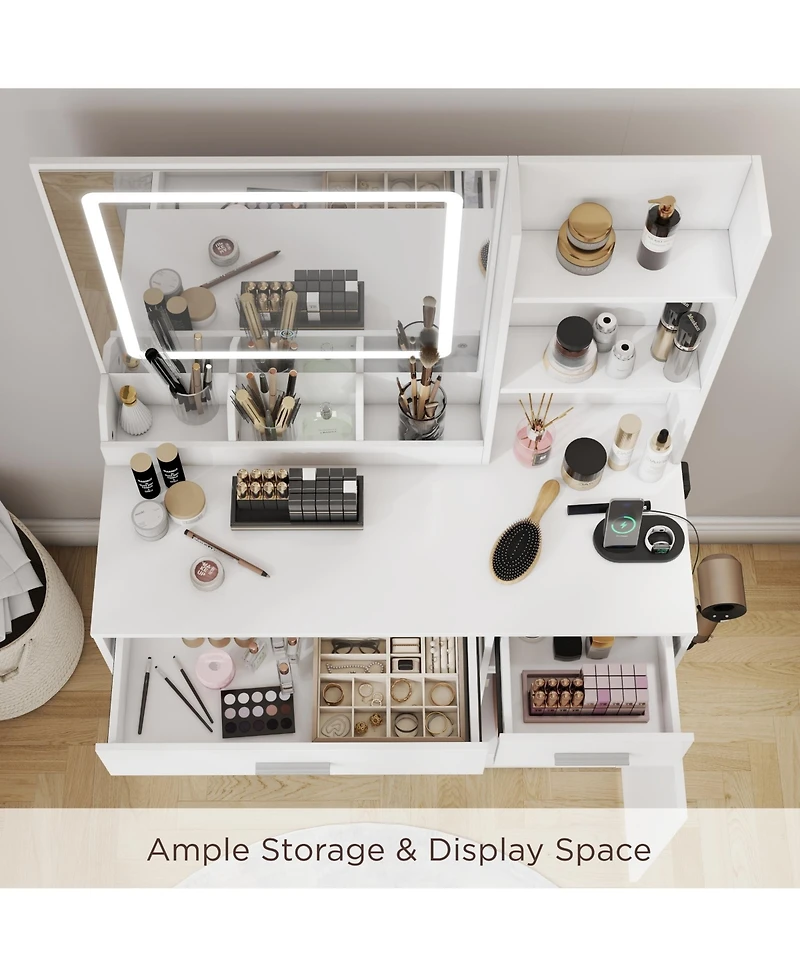 Rainsken Makeup Vanity Table with Led Light Mirror, Charging Station, 2 Drawers and Storage Cabinet, Dressing Table Set with Stool for Bedroom