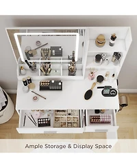 Rainsken Makeup Vanity Table with Led Light Mirror, Charging Station, 2 Drawers and Storage Cabinet, Dressing Table Set with Stool for Bedroom