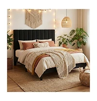 gaomon Velvet Upholstered Platform Bed Frame with Vertical Channel Tufted Headboard, Adjustable Height, Noise Free