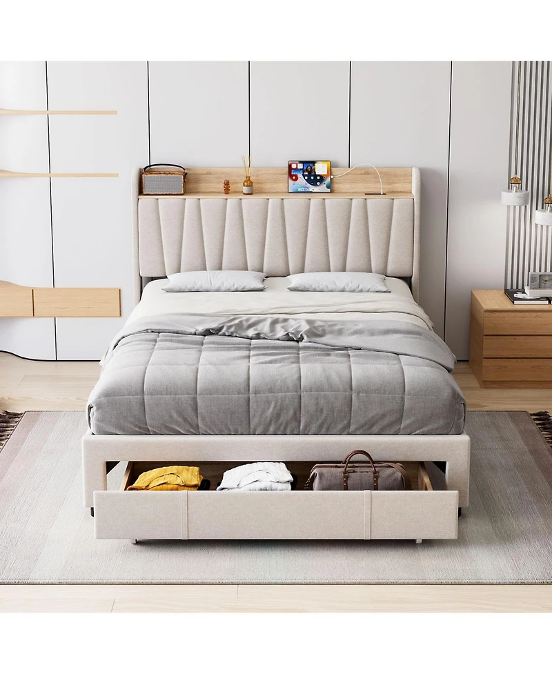 gaomon Full Bed Frame with Storage Drawer Upholstered Platform Storage Headboard Charging Station Wood Slats White
