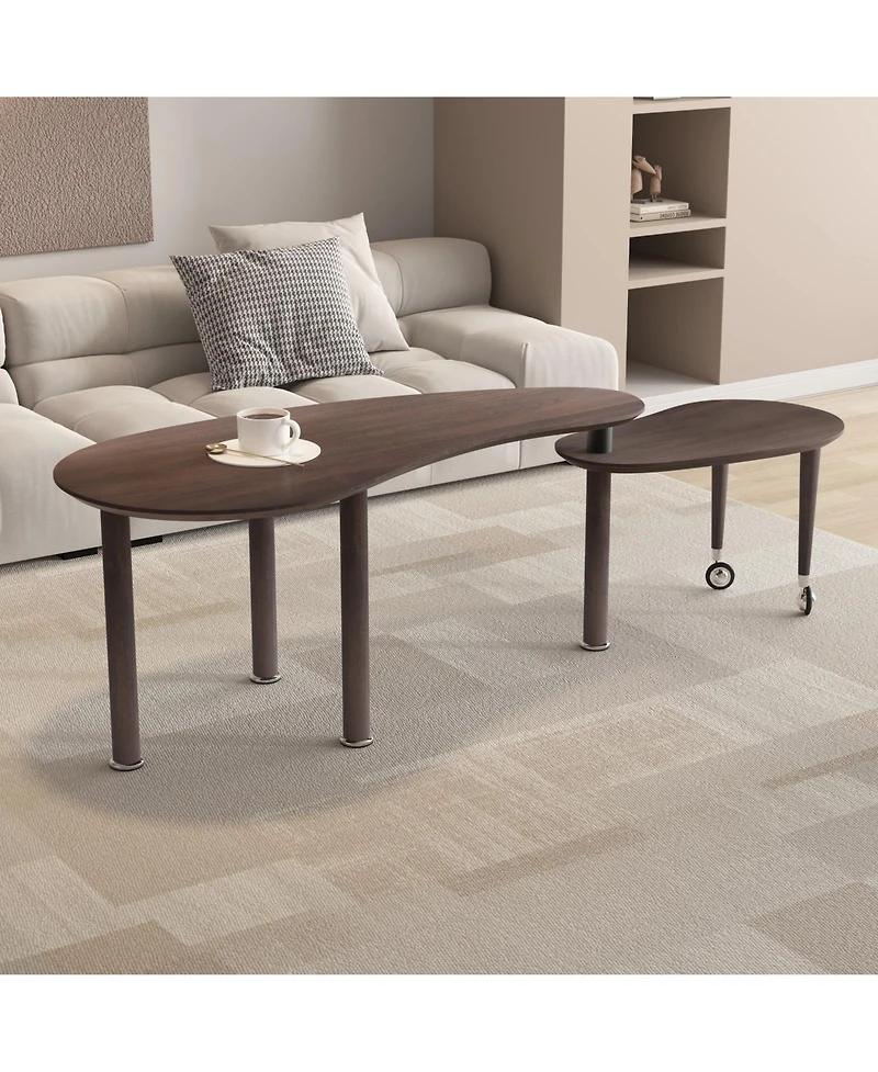 Rainsken 360° Rotatable Coffee Table, Nesting Coffee Tables with Swivel Function, Modern Wood Oval Center Table for Living Room