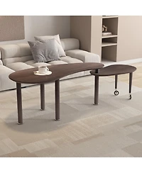 Rainsken 360° Rotatable Coffee Table, Nesting Coffee Tables with Swivel Function, Modern Wood Oval Center Table for Living Room