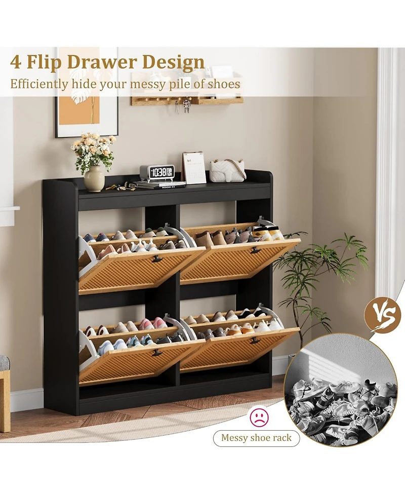 gaomon Shoe Cabinet Rattan with 4 Flip Drawers, Wooden Freestanding Organizer Adjustable Shelves, Storage for Entryway, Closet
