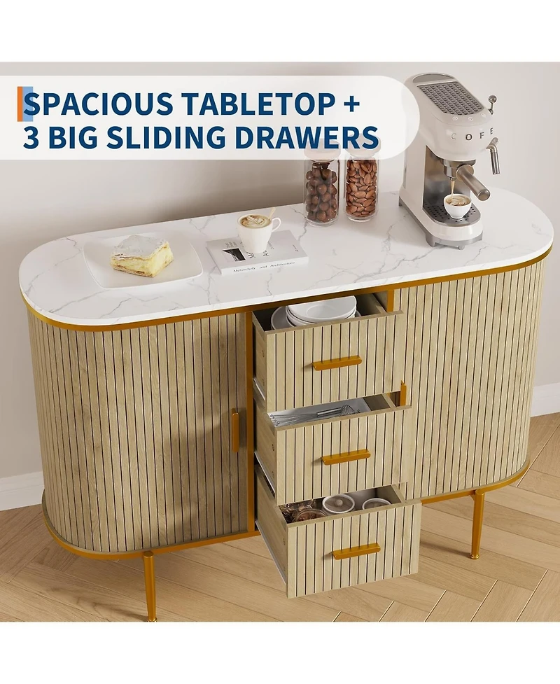 gaomon 50" Mid Century Fluted Buffet Cabinet, Modern Coffee Bar Console Table with Faux Marble Top & Curved Sliding Doors, Storage Accent Cabinet