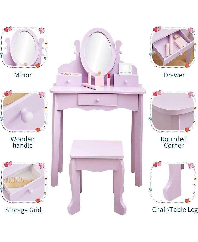 gaomon Kids Wooden Princess Vanity Set with Adjustable Mirror, Stool and Drawers