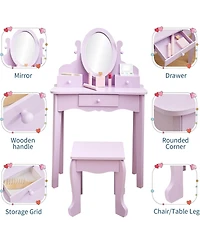 gaomon Kids Wooden Princess Vanity Set with Adjustable Mirror, Stool and Drawers