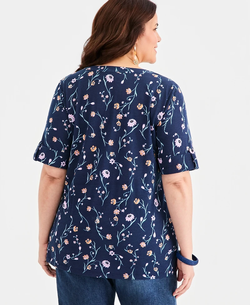 Style & Co Plus Printed Roll-Tab Split-Neck Elbow-Sleeve Tunic, Macy's Exclusive