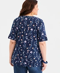 Style & Co Plus Printed Roll-Tab Split-Neck Elbow-Sleeve Tunic, Macy's Exclusive