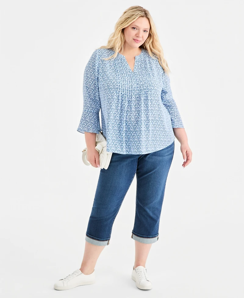 Style & Co Plus Pintucked Bell-Sleeve Printed Top, Macy's Exclusive