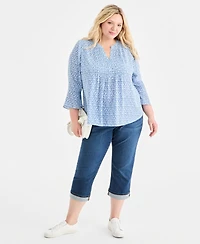 Style & Co Plus Pintucked Bell-Sleeve Printed Top, Macy's Exclusive