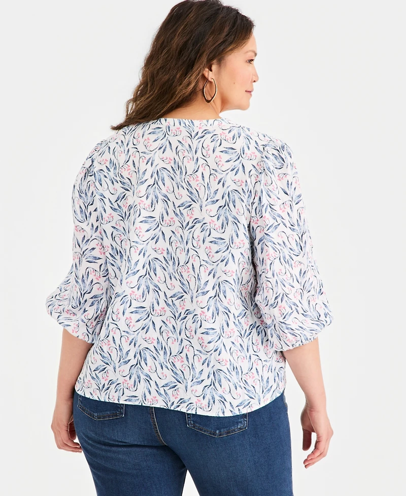 Style & Co Plus Cotton Gauze Printed 3/4-Sleeve Top, Macy's Exclusive