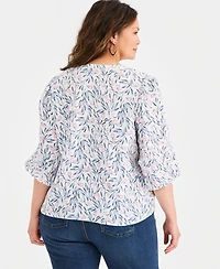 Style & Co Plus Cotton Gauze Printed 3/4-Sleeve Top, Macy's Exclusive